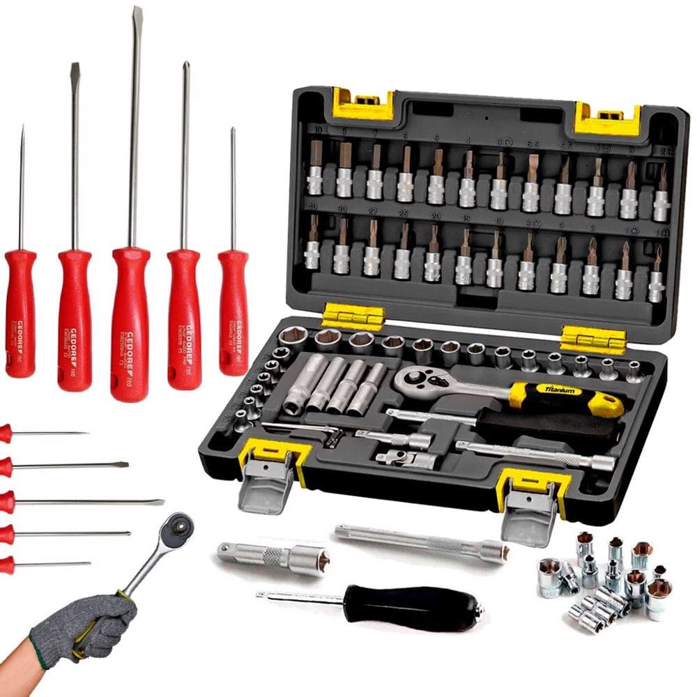 Kit Chaves Jogo Catraca Reversível Soquetes Bits Crv 57 Peças + Chaves Fenda Phillips 5 Peças Gedore