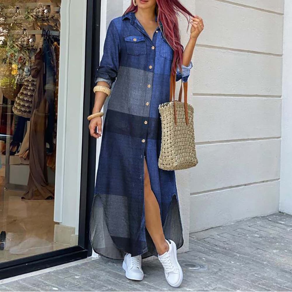 Vestido Longo Feminino Verão Moda Casual Solto Manga Comprida Camisa Vestidos Roupas Femininas