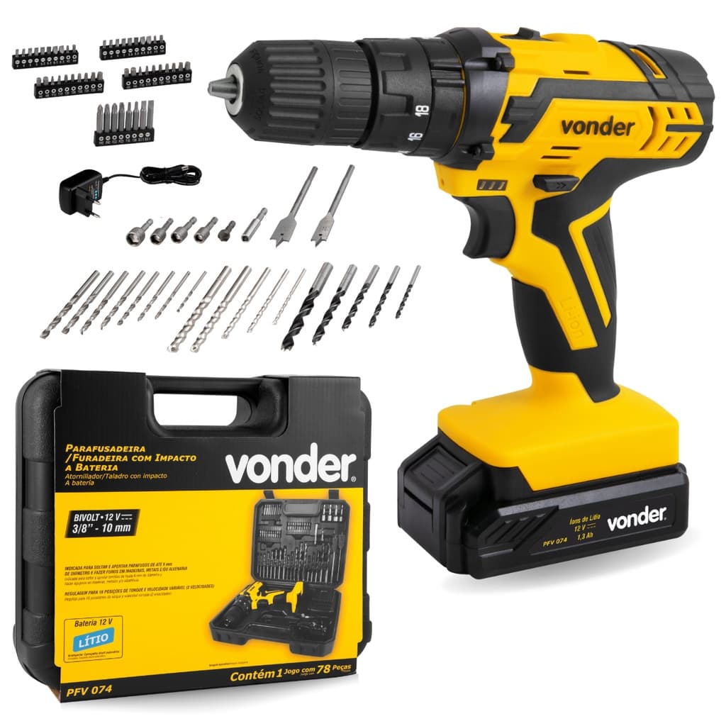 Parafusadeira Furadeira Bivolt Maleta Vonder 74 Acessórios