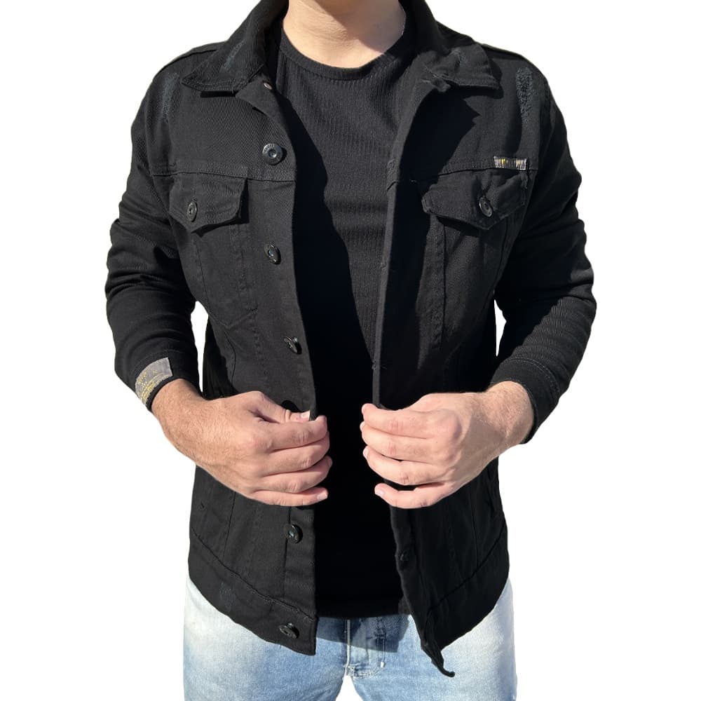 Jaqueta Jeans Preta Destroyed Detalhe Premium Masculina Slim Jaqueta Sarja Preta Com Rasgos Puídos