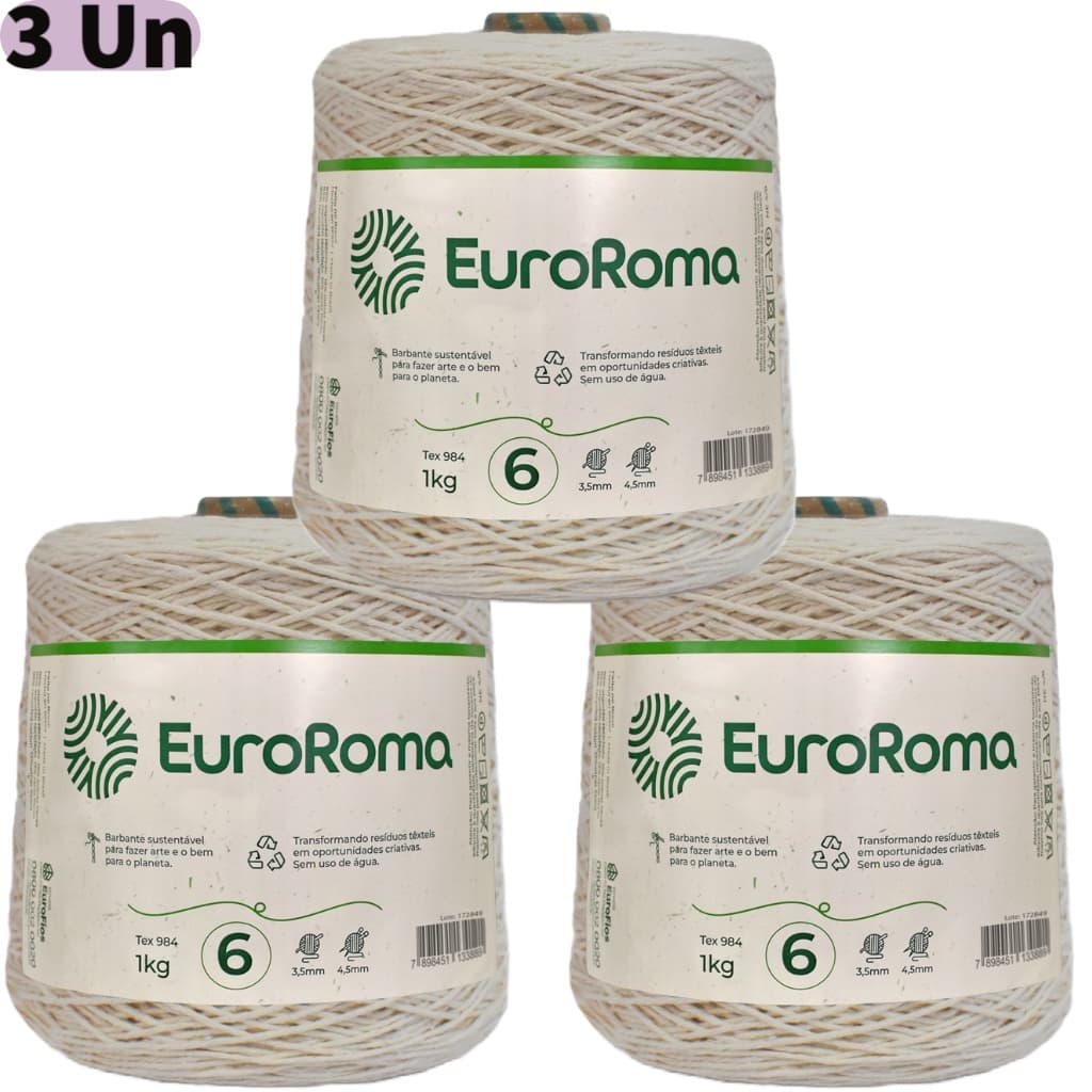 Kit 3 Barbantes Euroroma Cru 1 Kilo Ordem Fio 6 Cada Cone com 1000 Metros para Crochê, Tricô, Tapeçaria, Amigurumi, Frigorífico e Artesanato