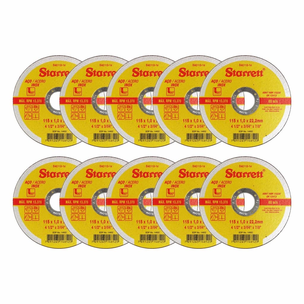 Kit 10 Discos De Corte Inox Extra Fino Starrett 115mm 4.1/2" x 1mm Para Esmerilhadeira