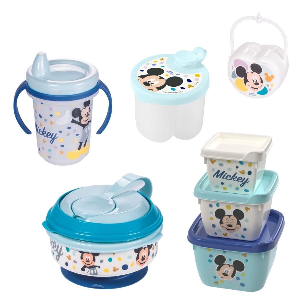Kit infantil caneca com bico, pote papinha com amassador, porta leite em pó, cj 3 potes e porta chupetas Mickey Plasutil