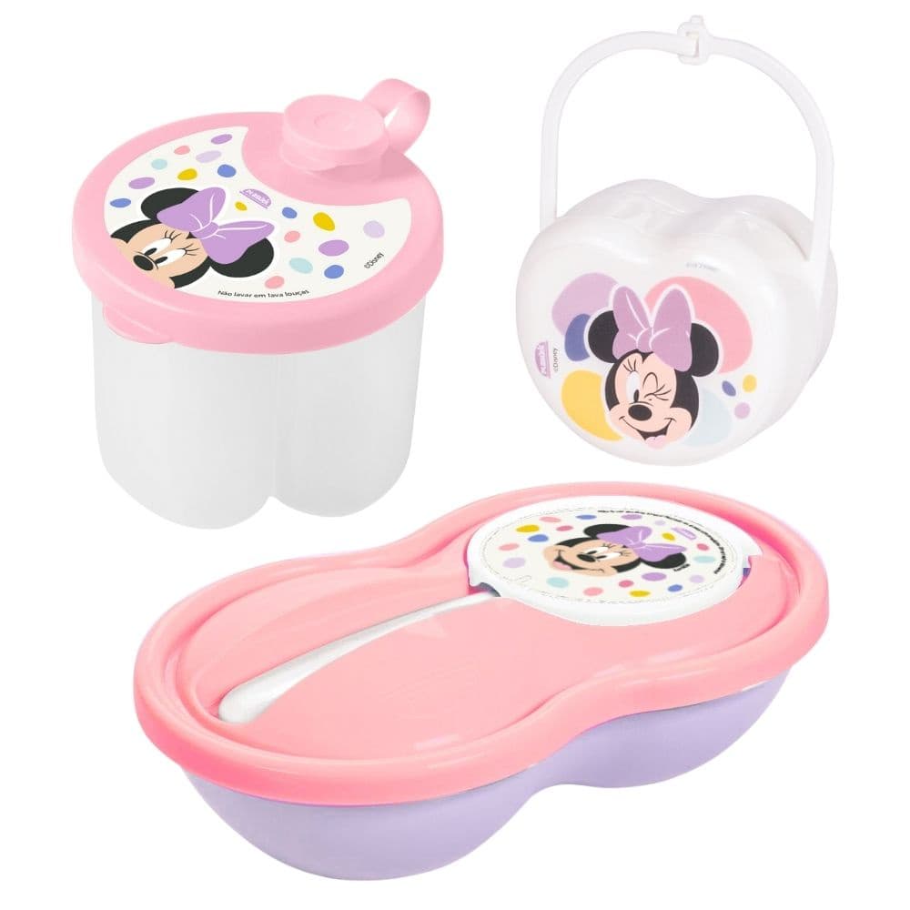Kit infantil pote papinha com divisória, porta leite em pó e porta chupeta Minnie Plasutil