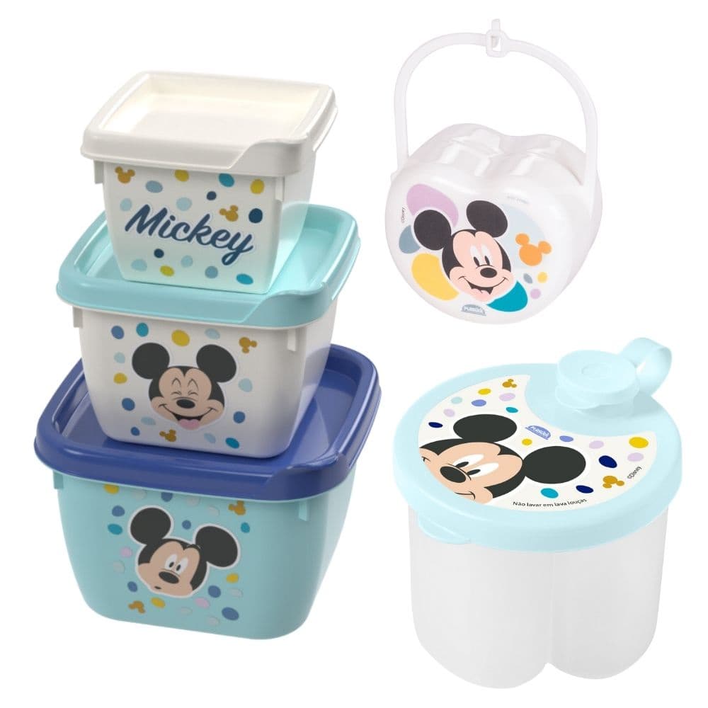 Kit infantil conjunto 3 potes, porta leite em pó e porta chupeta Mickey Plasutil