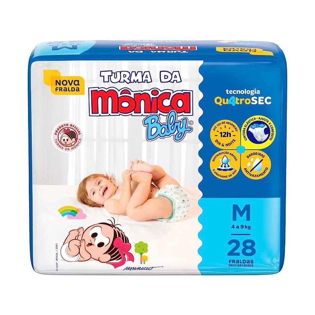 Fralda Turma da Mônica Baby Jumbo Tamanho M - Pacote com 28 Fraldas Descartáveis