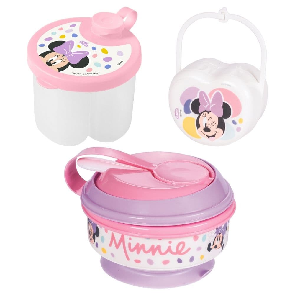 Kit infantil pote papinha com amassador, porta leite em pó e porta chupeta Minnie Plasutil