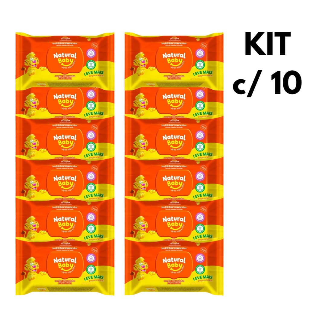 KIT 10 Pacotes de Lenços Umedecidos Natural Baby Wipes - 100 Unidades Cada