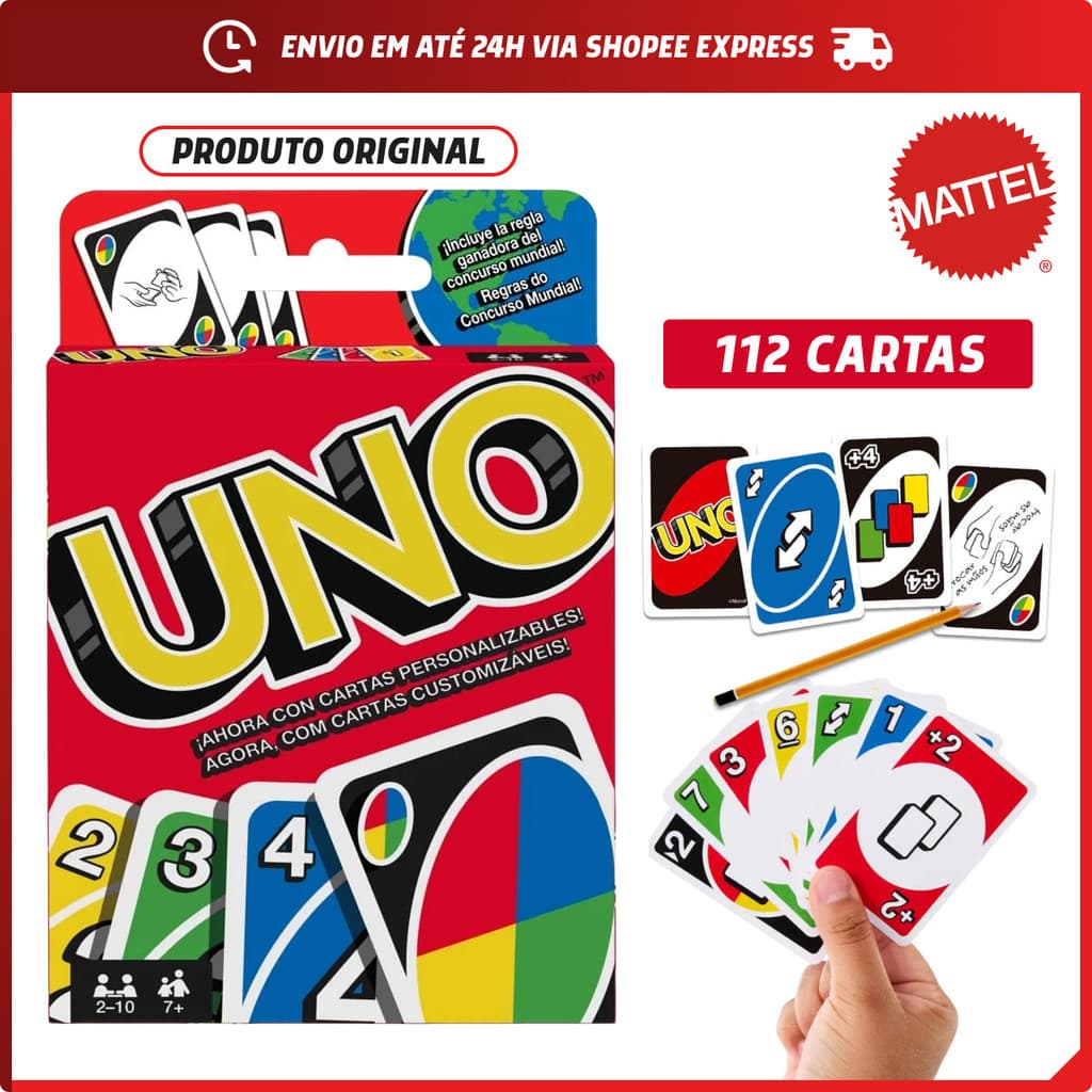 Jogo Uno 112 Cartas Duras Baralho Original Mattel + Cartas Curinga Diversão Toda a Família