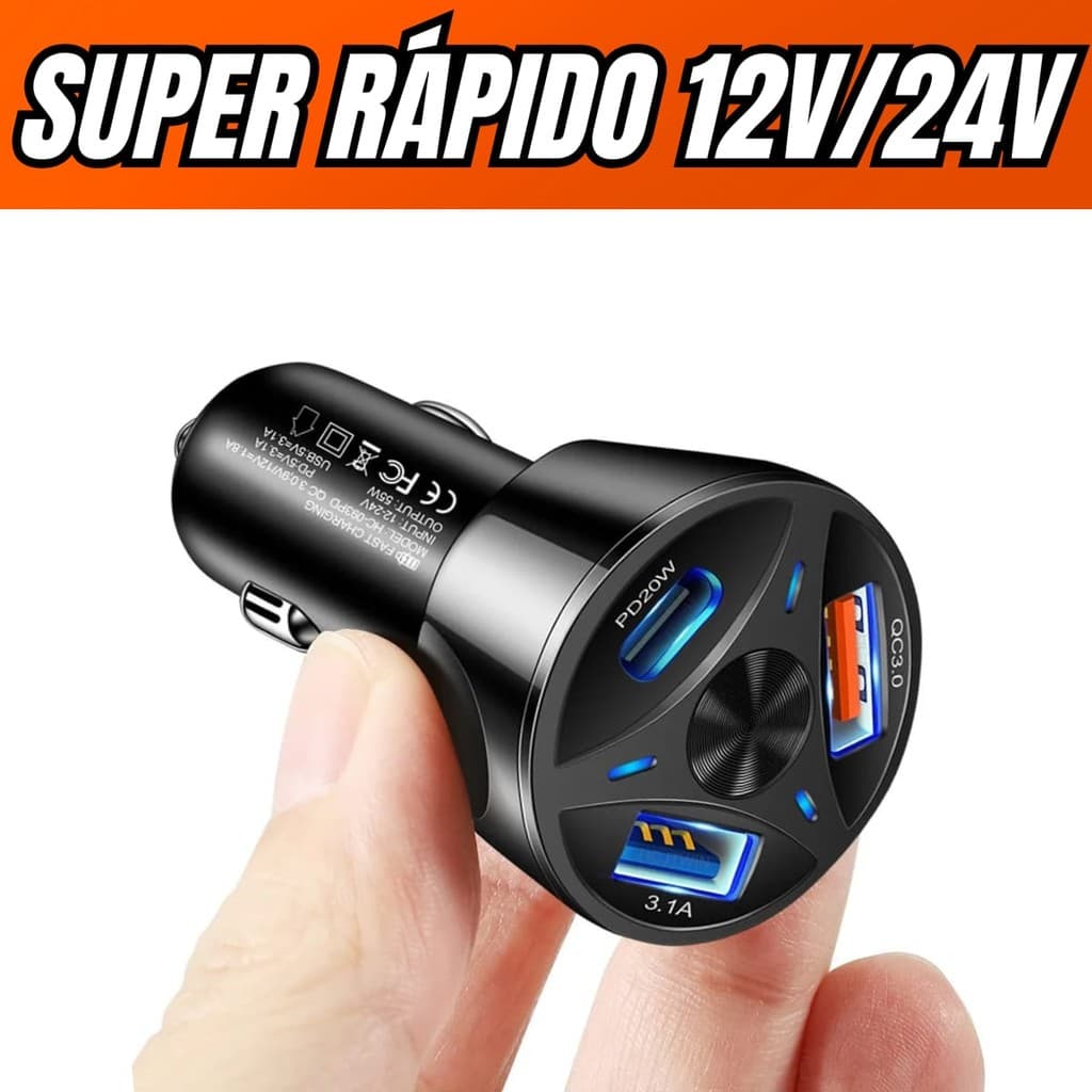 Carregador Turbo Veicular 55W 3 Saídas USB-C PD + 2 USB 12V/24V Carro Caminhão Ônibus