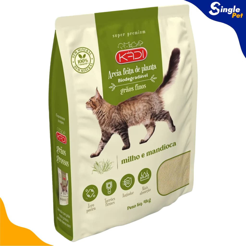 Areia Sanitária Biodegradável Gatos Grãos Finos Kadi 100% Milho e Mandioca 4kg