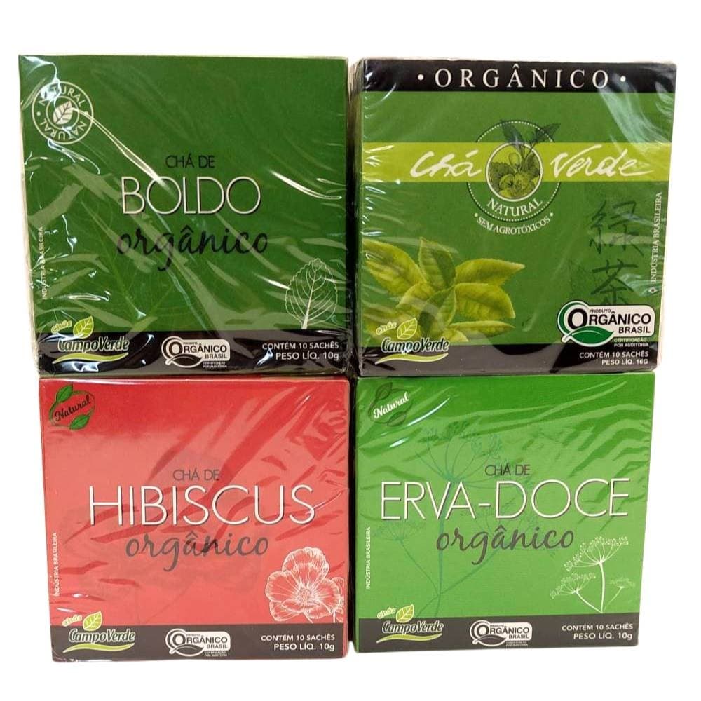 Kit 4 Chás Verde Hibisco Boldo Erva Doce Orgânicos 10 sachês cada