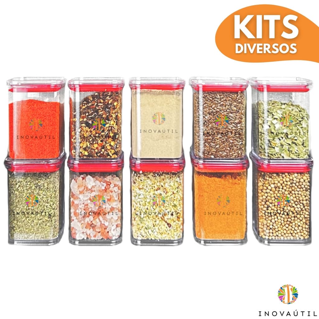 Porta Tempero Hermético 170ml Kits Diversos de 4 a 10 Peças Pote Cristal Com Tampa para Condimento 