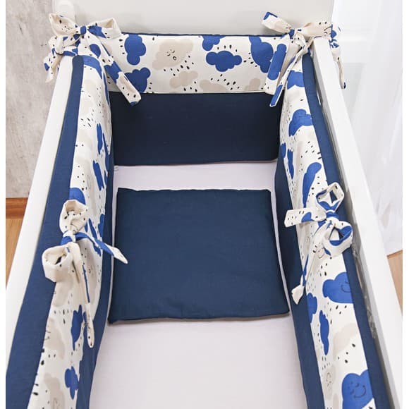 Kit Para Mini Berço de Bebê Menino Chuva de Bençãos Azul Marinho e cinza Protetor mini Berço Azul5pc