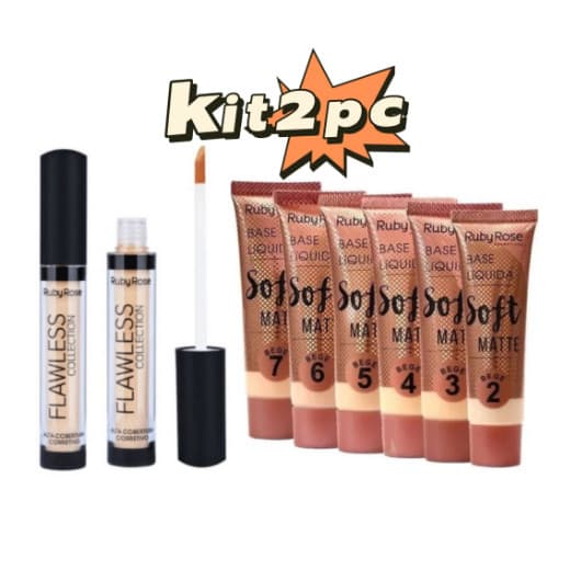 KIT Base Líquida Soft Matte Bege Ruby Rose HB-8050 + Corretivo Líquido Flawless Collection - Ruby Rose HB-8080