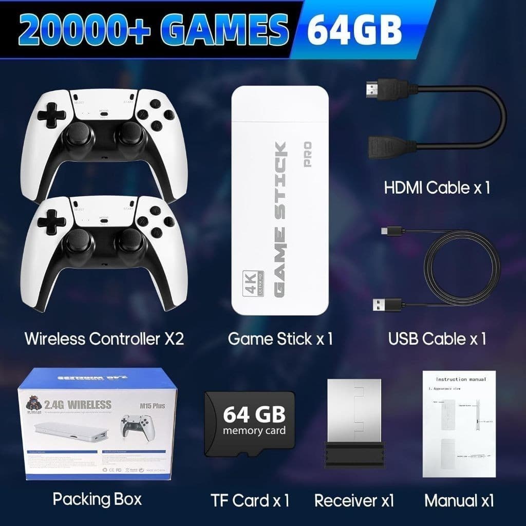 Novo Controle para Videogame M15 Pro 4K 2025, 64 GB HDMI | Com 2 Controles Sem Fio + 30.000 Jogos
