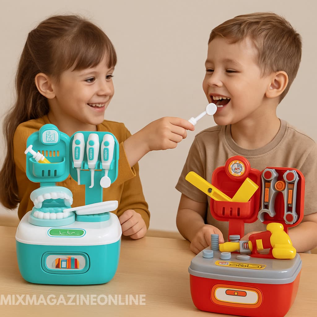 Maleta de Dentista + Kit Ferramentas com Acessórios e Adesivos Divertidos Kit Completo Faz de Conta