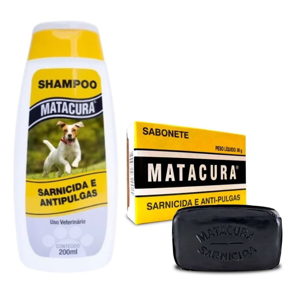 Kit Matacura Shampoo 200ml Sabonete 90g Cães Adultos Sarnicida Antipulgas Carrapatos Higiene Pet