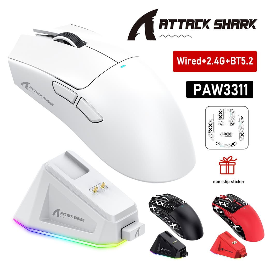 Mouse Gamer Sem Fio ATTACK SHARK X11 PAW3311 Tri-Modo 2.4GHz/Com Fio/Bluetooth Dock de Carregamento Magnético Ultra-Leve