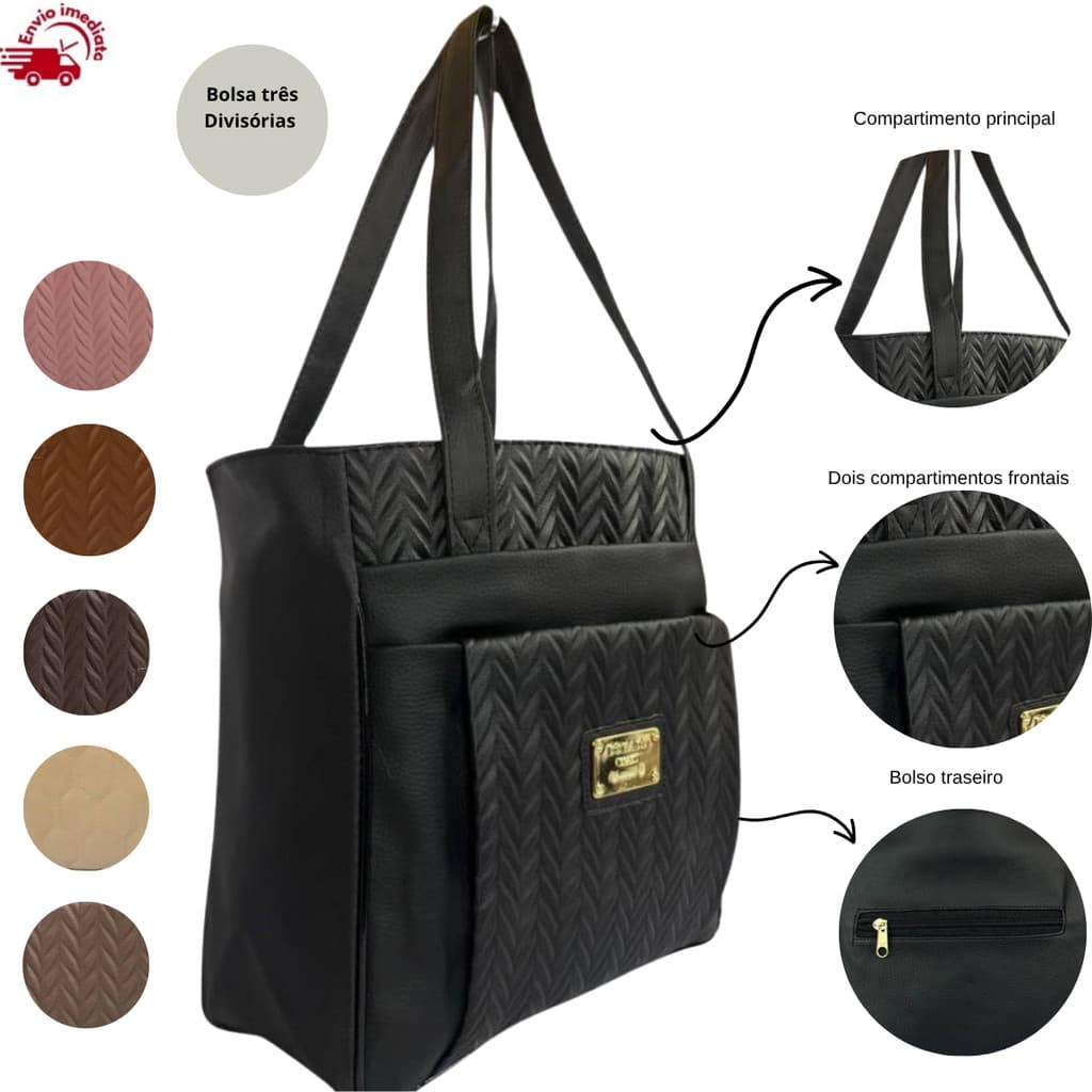 Bolsa Femenina Grande de Ombro Elegante Reforçada 3 Divisorias Para Trabalho Faculdade Cabe Notebook