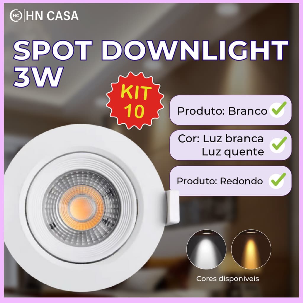 10 Luminária Spot Led Redondo Direcionável 3W Embutir Gesso Teto | Branco Frio | Branco Quente  Bivolt SpotSuperLED