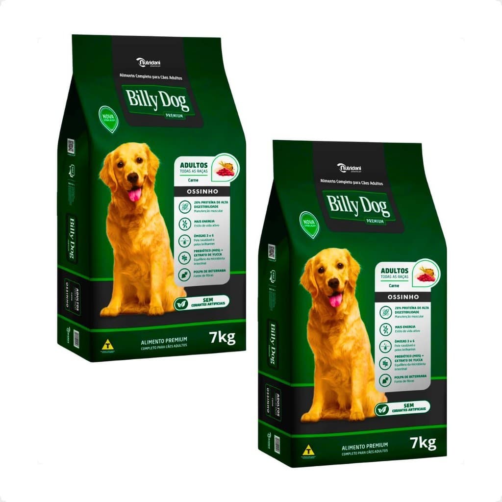 Kit 2 Ração Ração Billy Dog 7Kg Cães Adultos Ossinho e Carne