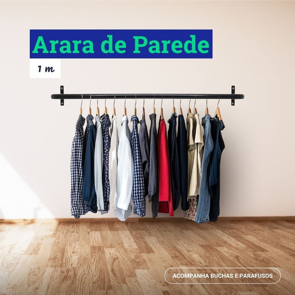 Arara Suporte Cabideiro de Parede para Roupas Closet Loja Aço Carbono Reforçado 1 metro