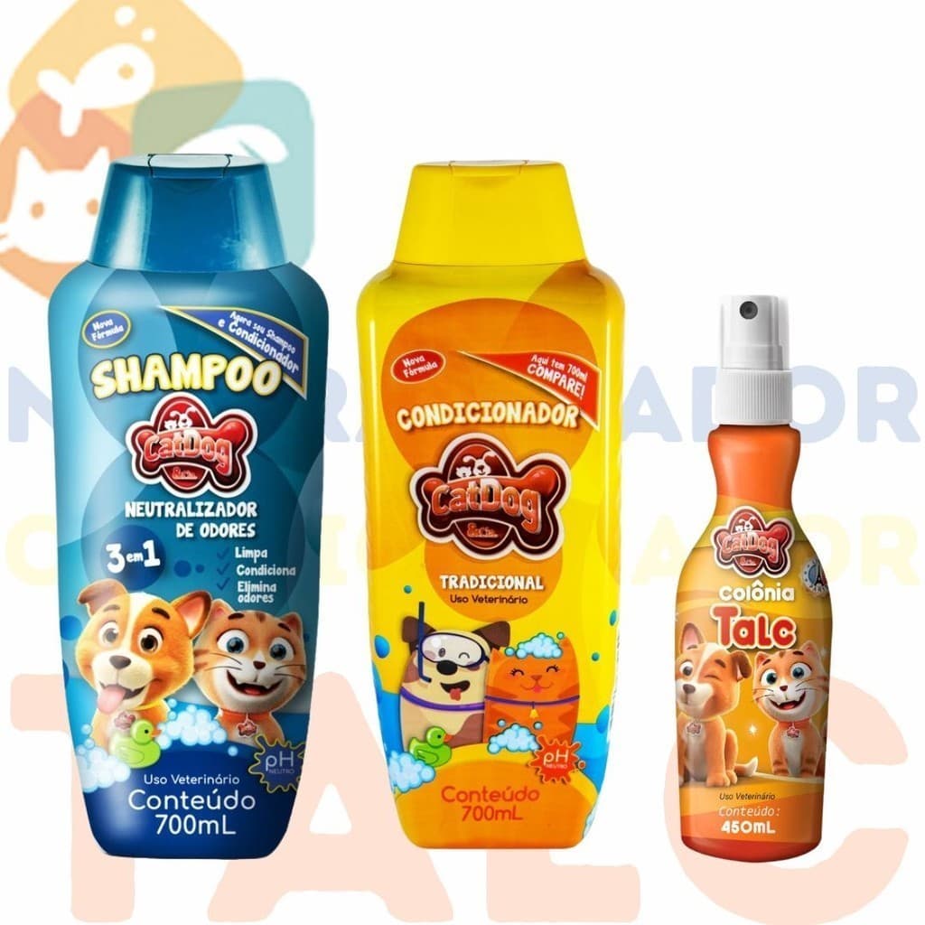 Kit Banho Pet Shampoo para Cachorro Cães 700ml CatDog + CONDICIONADOR + Colonia TALC 120ml