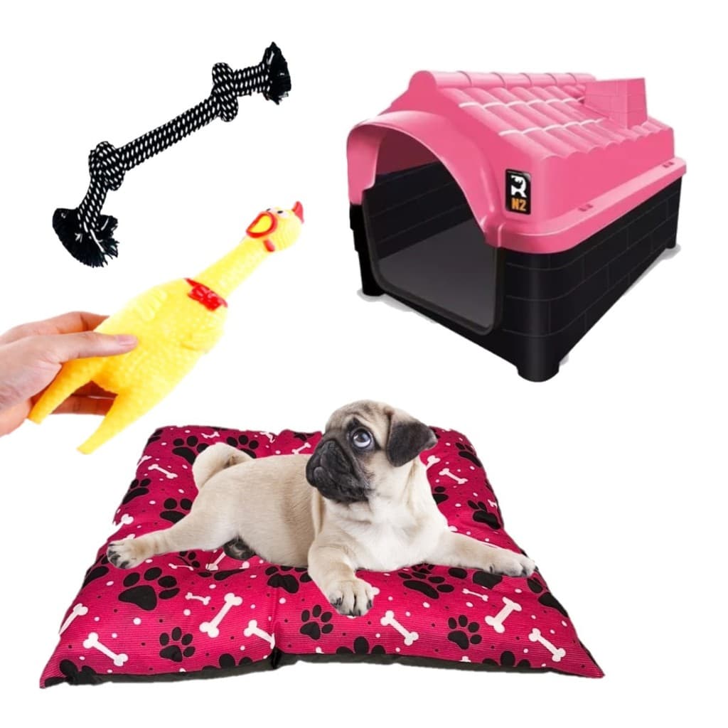 Casa Casinha N2 Rosa + Brinquedos Pet + Colchonete Rosa Pet