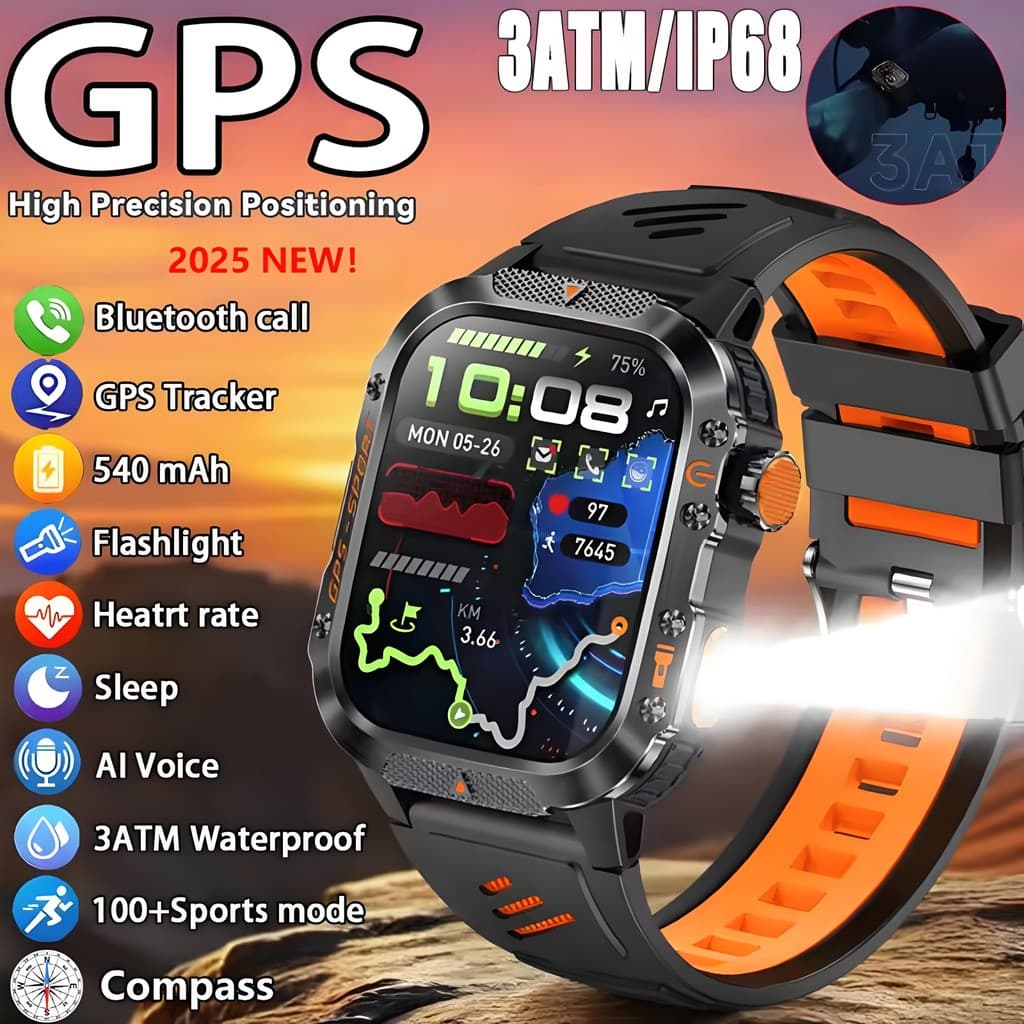 2026New GPS Relógio Militar Bluetooth Falar Lanterna LED Smartwatch Bússola Masculino 2.01 " Tela AMOLED 3ATM À Prova Dw