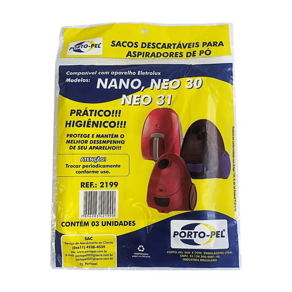 Saco Descartável Para Aspirador De Pó Electrolux Nano Com 3 Unidades