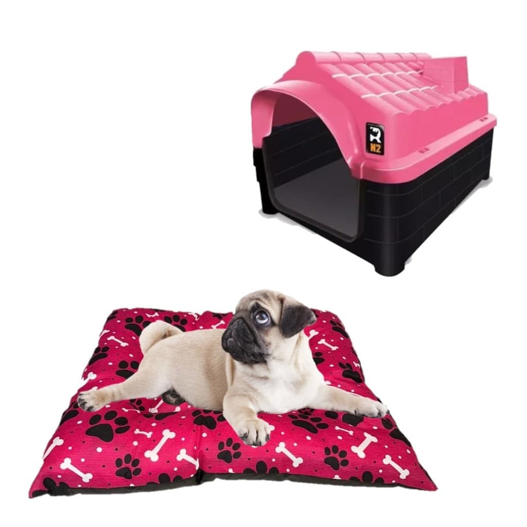 Cama Pet Quadrada Acolchoada + Casinha Dog Pet Shop N2 Rosa