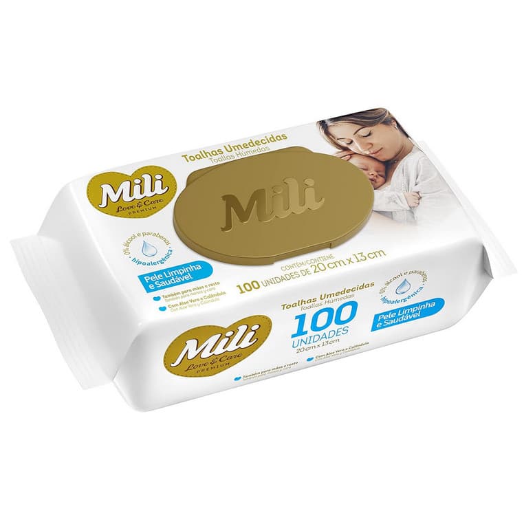 Lenço Umedecido Mili Love&Care Premium Hipoalergico 0% alcool Pacote com 100 Toalhas