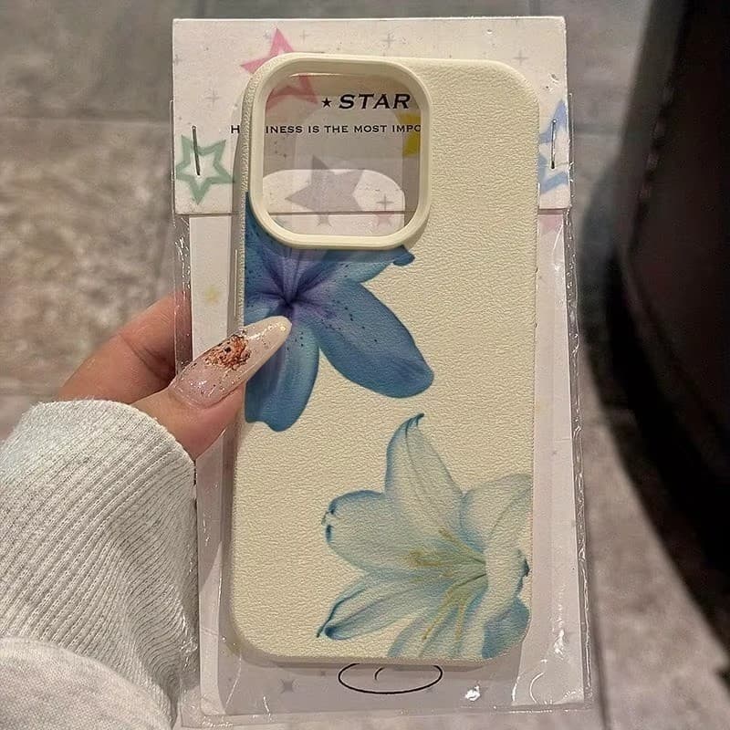 Elegante Azul Lírio Flor Caso Para iPhone 16e 15 14 13 12 11 Pro Max Plus XR XS Lichee Padrão Capa Macia