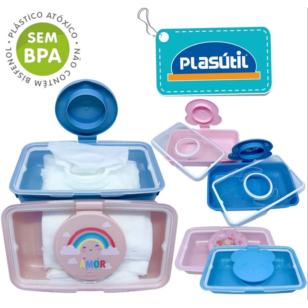KIT COM 02 PORTA LENÇOS UMEDECIDOS PORTÁTIL BEBÊ INFANTIL COM TAMPA – PLÁSUTIL