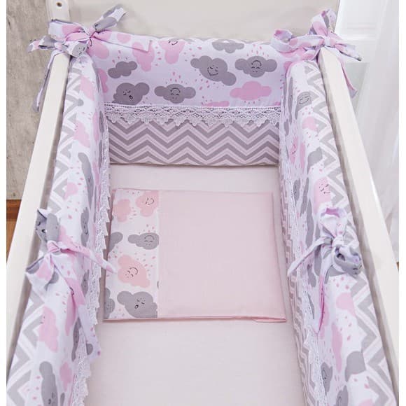 Protetor Para Mini Berço de Bebê Rosa e cinza Chuva de Amor 5pçs Kit para Mini berço Rosa e Cinza