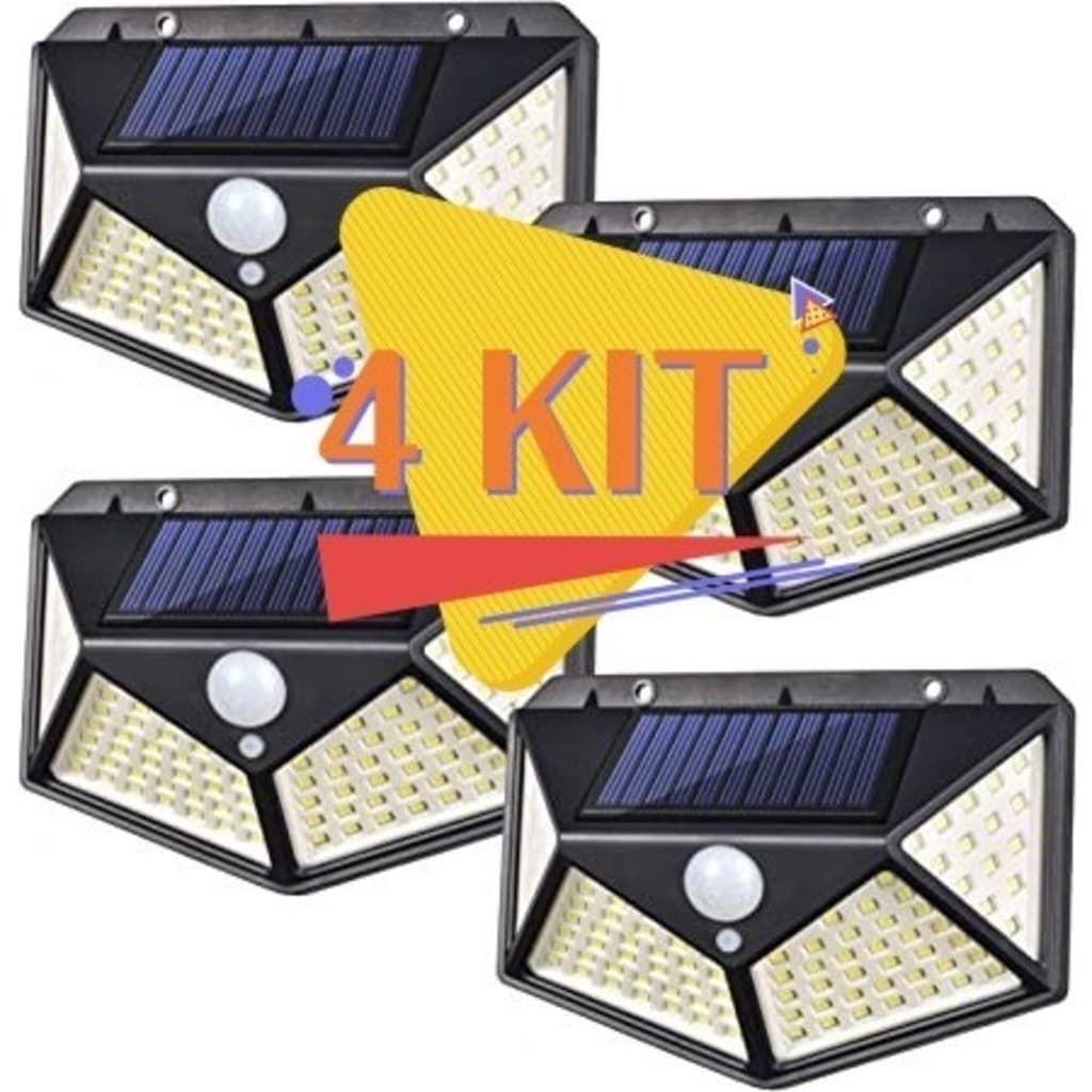 KIT com 4 Luminária Solar 100 Led Com Sensor Jardim Prova D'Água Led Solar