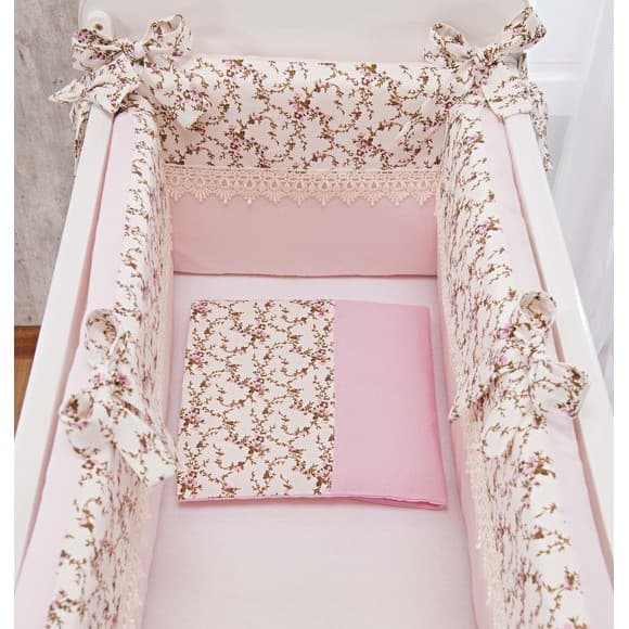 Kit Para Mini Berço Bebe Menina Rosa Floral Sara 5pçs Protetor Para Mini Berço Floral Rosa