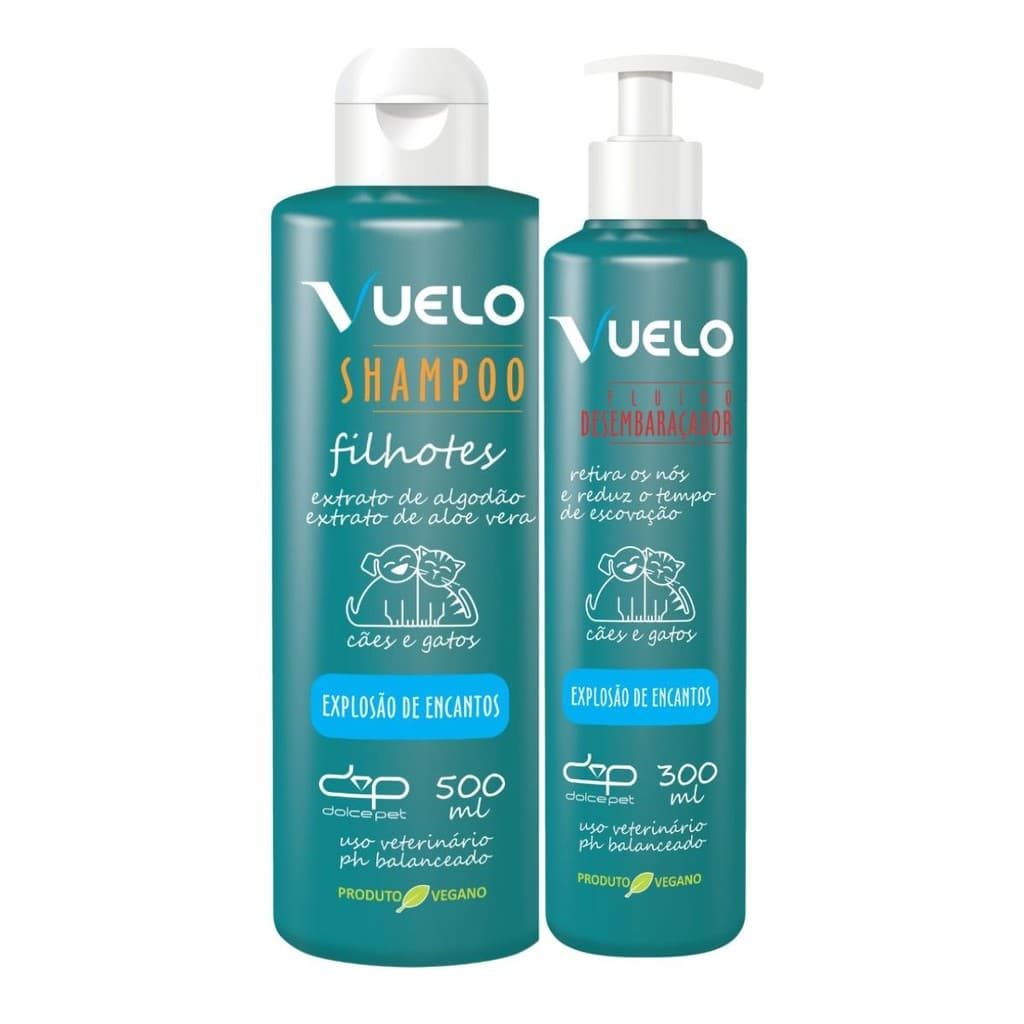 Kit Vuelo Shampoo Filhotes + Fluido Desembaraçador Explosão de Encantos para Cães e Gatos