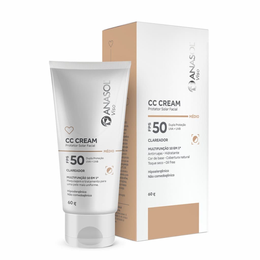 Anasol CC Cream Protetor Solar Facial FPS50 Clareador Cor medio - 60g