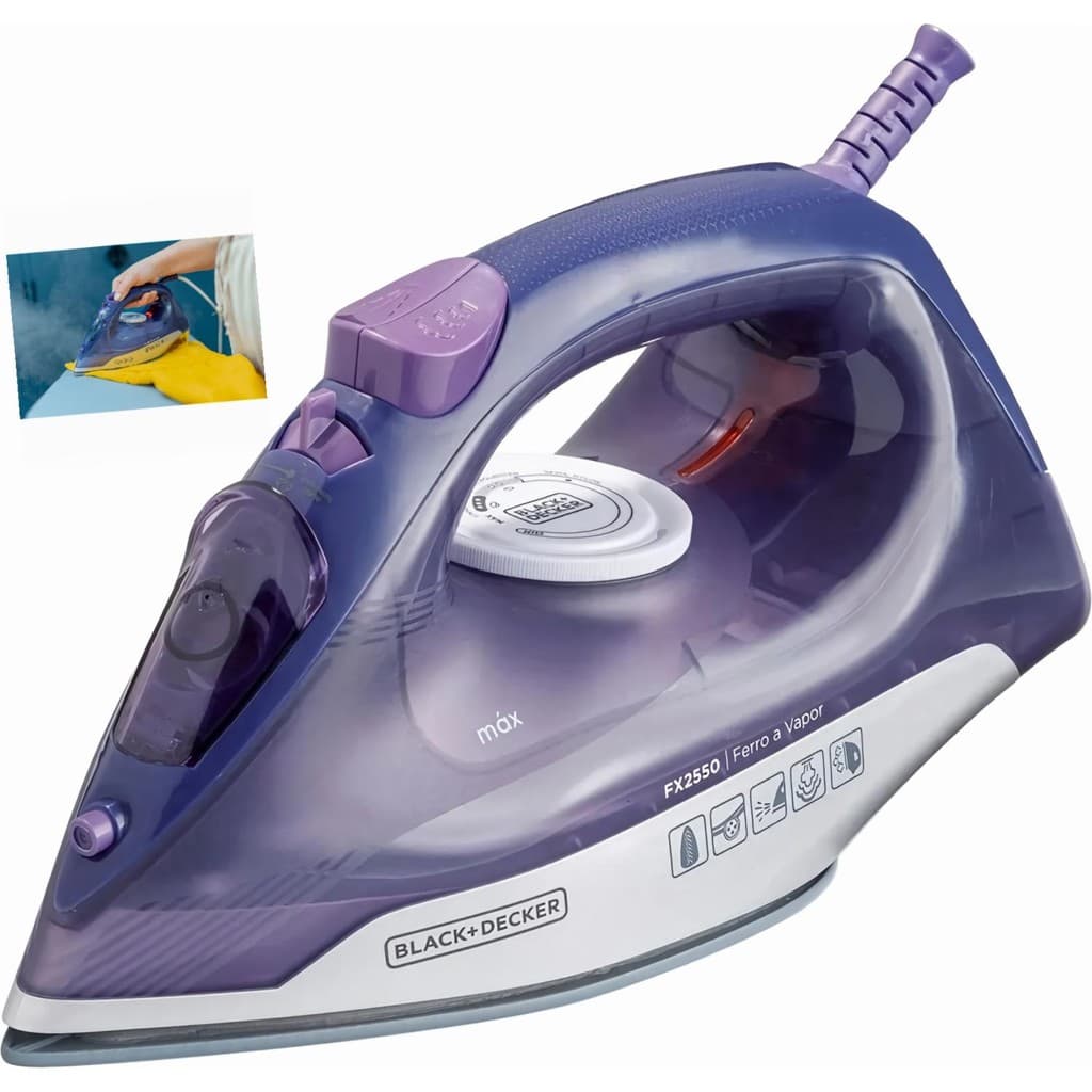 Ferro Passar Roupa a Vapor Seco Black+Decker FX2550-B2 2000W Cerâmica 24g/min Roxo Branco