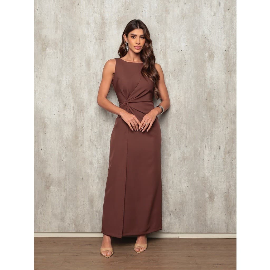 L170 648 Vestido longo elegante transpassado com nó fenda atras