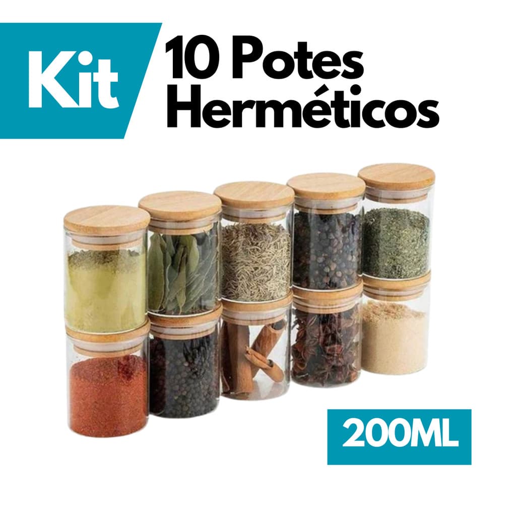 Kit 6 Potes de 200ml em Vidro Borossilicato C/ Tampa de Bambu para Mantimentos, Temperos, Café, Grãos, Cozinha Organiza
