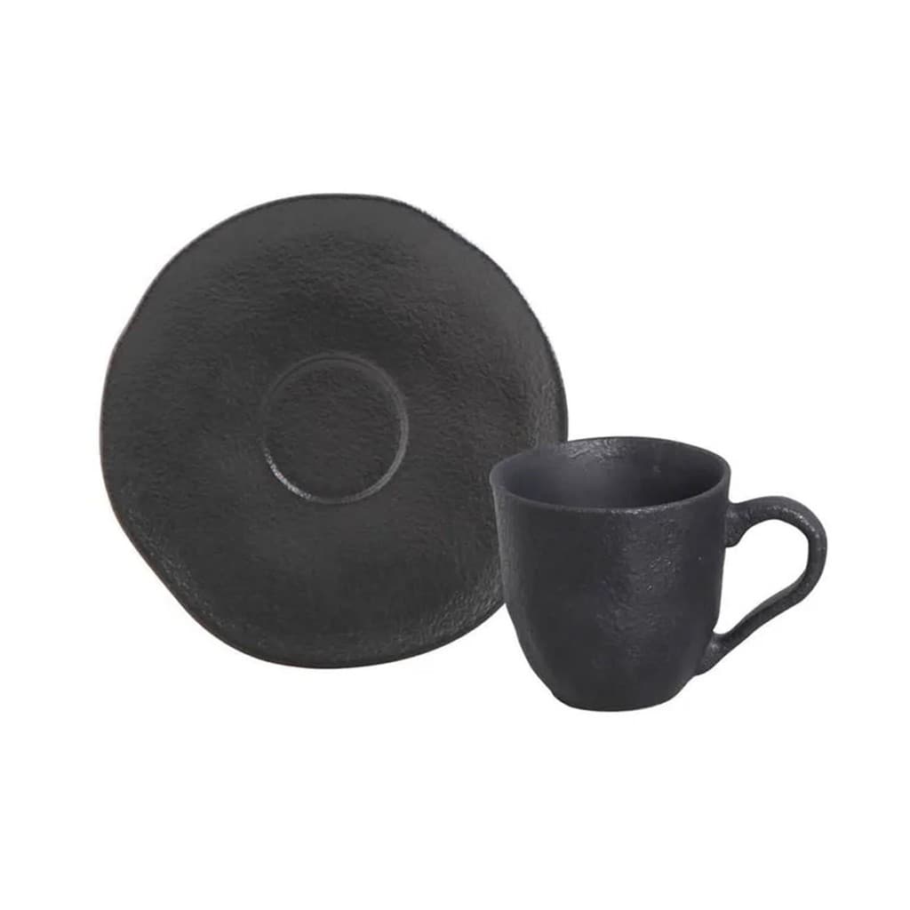 Xícara Café e Pires Cerâmica Stoneware Orgânico Preto Matte 120ml - 1 Unid.