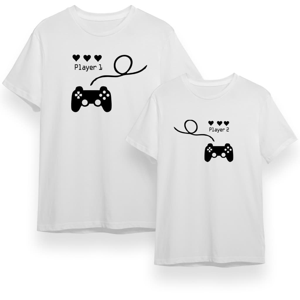 Kit Casal 2 Camisetas Player 1 Player 2 Gamer Videogame Controle Namorados Geek Algodão 30.1