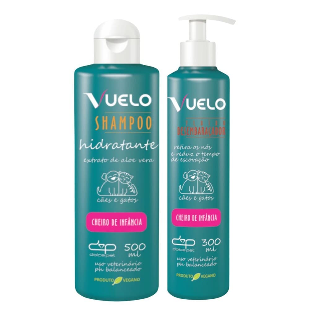 Kit Banho Pet Vuelo Shampoo HIdratante + Fluido Desembaraçador Cheiro de Infância Cães e Gatos
