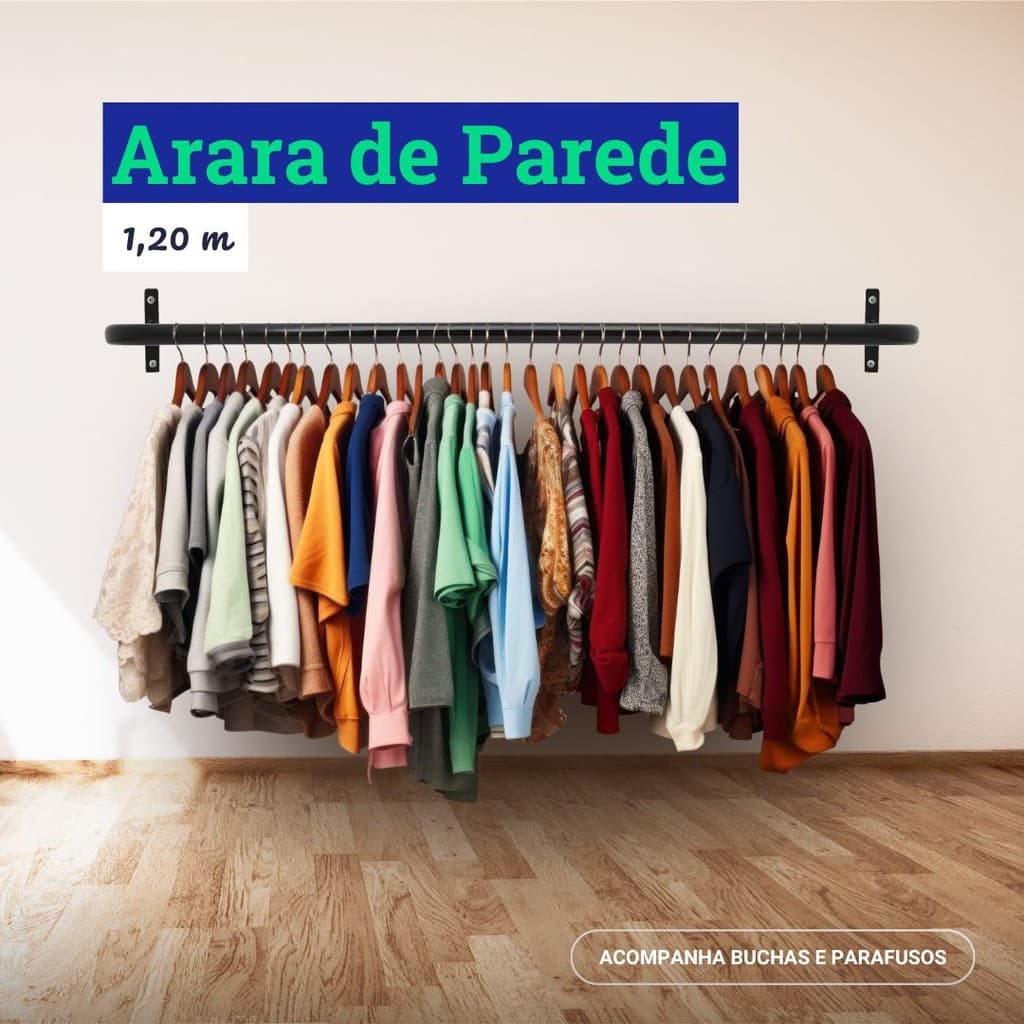 Arara Suporte Cabideiro de Parede para Roupas Closet Loja Aço Carbono Reforçado 1,2 m