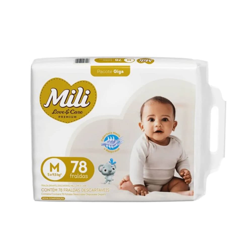 Fralda Descartável Mili Love Care Giga c/ 78 unidades - Tam M - Fralda Bebê Descartável M