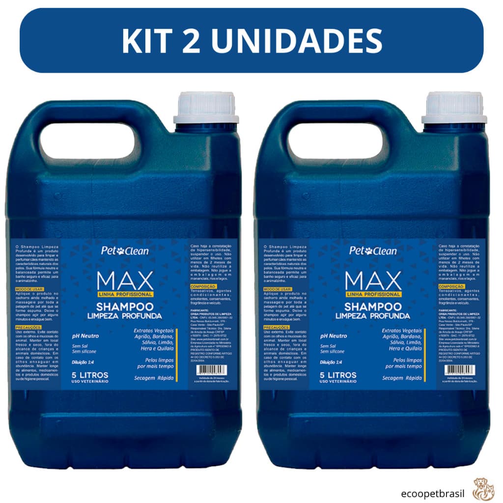 Shampoo Max Profissional Limpeza Profunda 1:4 Pet Clean 5L para Cães, Banho e Tosa