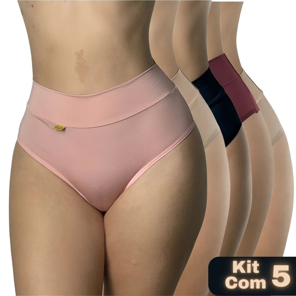 Kit 5 Calcinhas Cintura Alta Cós Duplo Fio Duplo Fitness Segura Barriga sem viés no Bum bum